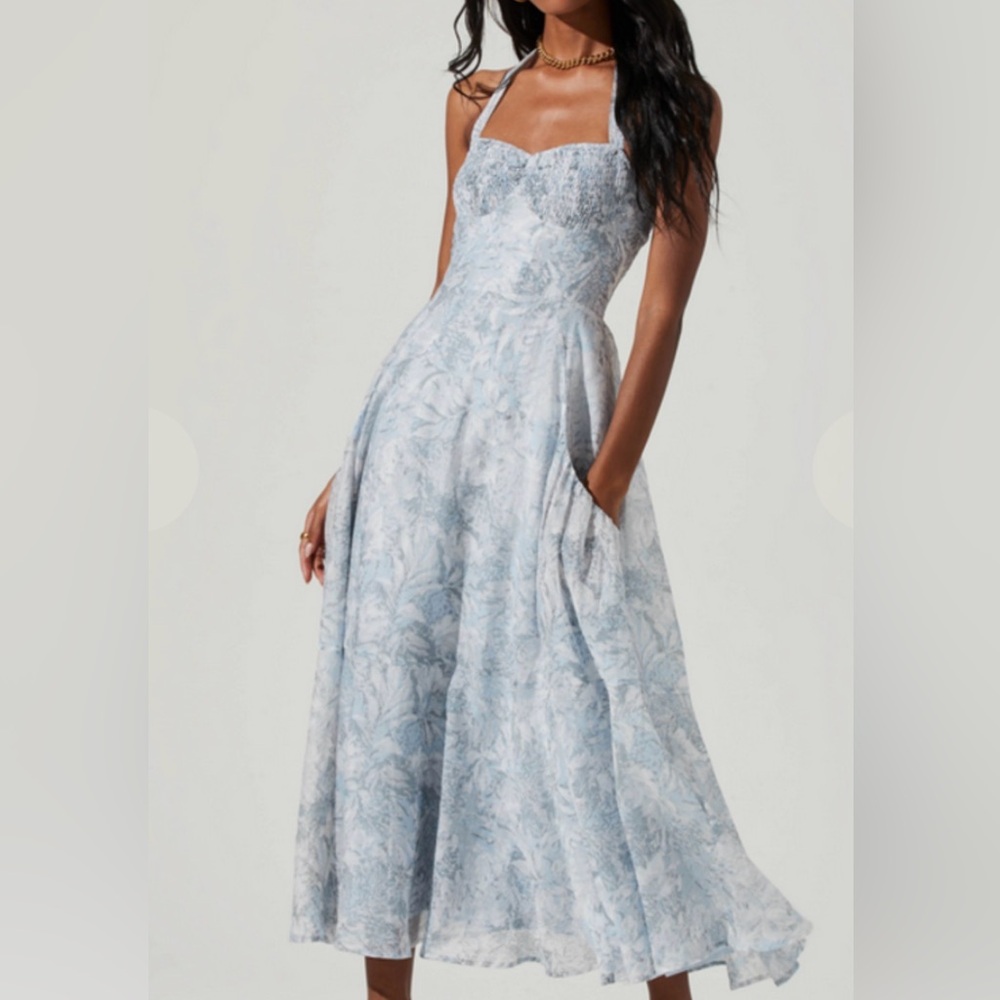 ASTR Strapless Pale Blue Floral Maxi Dress